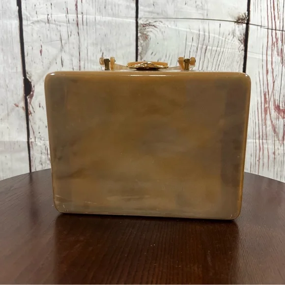 Retro Vintage Taupe Acrylic Box Bag with Gold Filigree - Picture 6 of 13